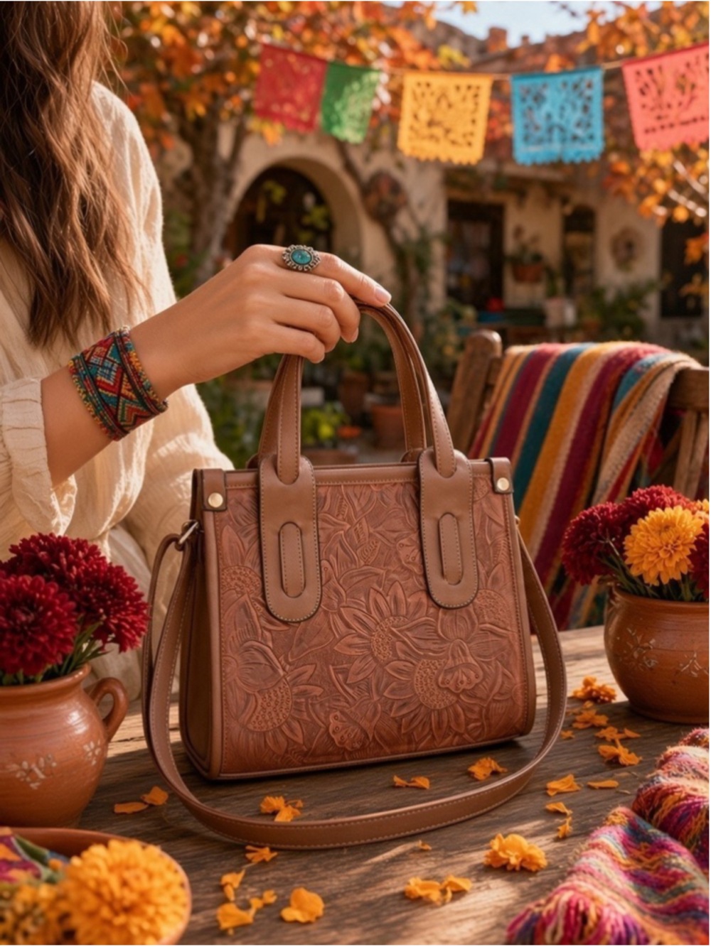 Tierra Bonita Shedron Brown Floral Embossed Leather Artisan Handbag Crossbody
